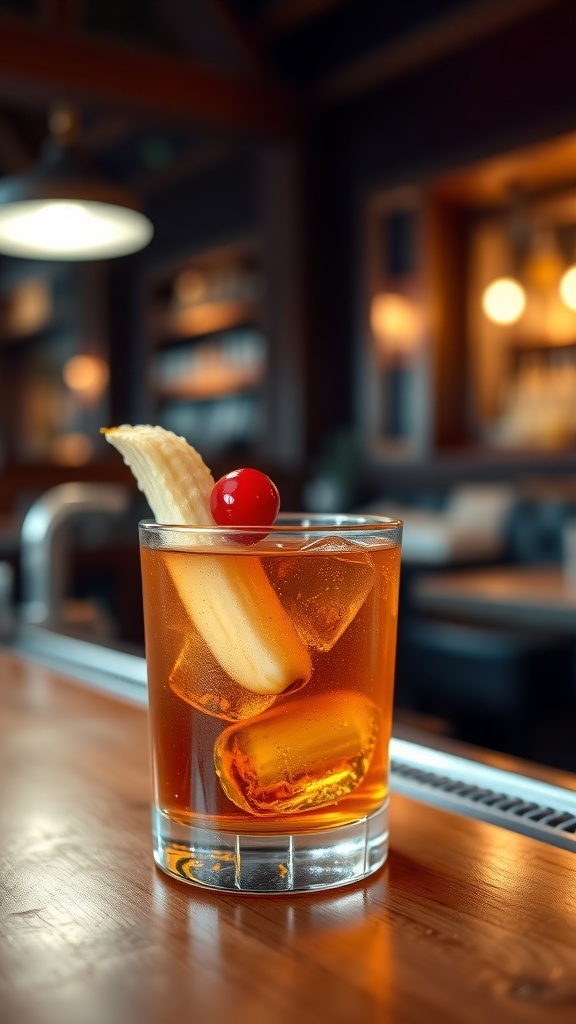 Old Fashioned Banana Bread Cocktail Old Fashioned cocktail with banana slice and cherry garnish on a wooden bar.